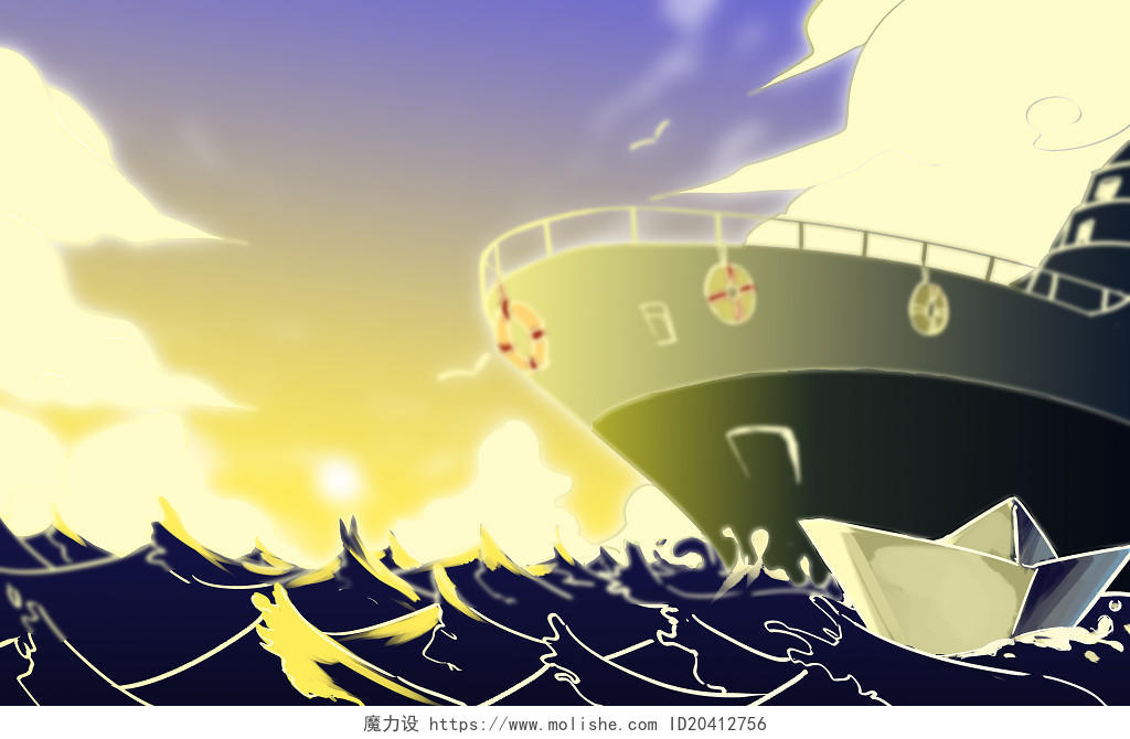 唯美蓝色航海日夕阳下的轮船纸船海洋原创插画海报背景素材